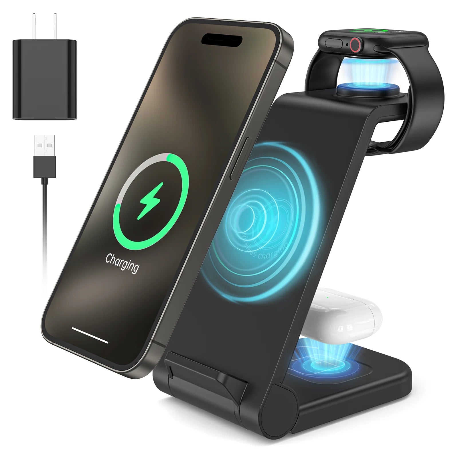 Fast Wireless Charger Station, 23W Wireless Charging Stand for Iphone 16/15/14/13/13 Pro/ 12/12 Pro/11/Xs Max/Xr/X/Galaxy S23 S22 S21 S10, Charging Station for Airpods 4/3/2/Pro, Iwatch Series